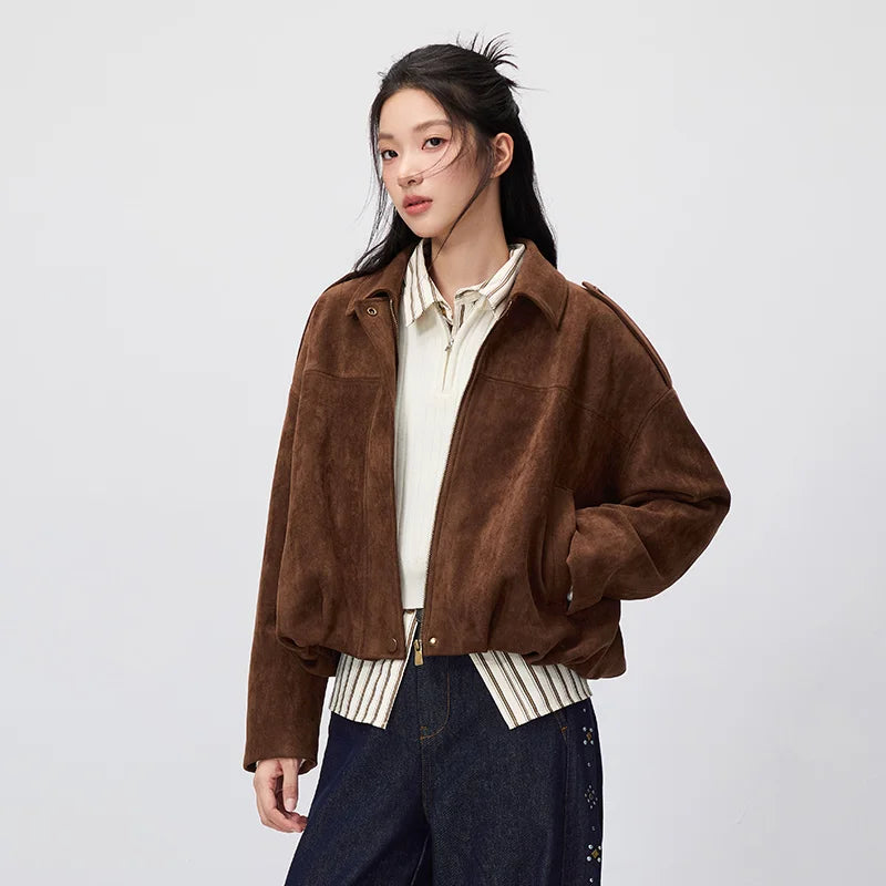 Semir Women Jacket Suede Like Short Lapel Oversize Cocoon Shape 2026 Autumn Warm Brown High Street Casual Outerwear