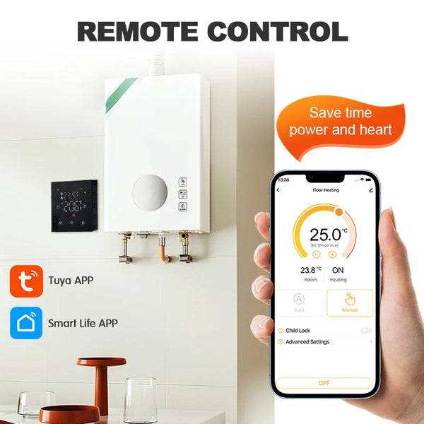 EZAIOT ទែម៉ូស្ដាតឆ្លាតវៃ Tuya WiFi ទឹក/អគ្គិសនី ឡចំហាយឧស្ម័ន កំដៅជាន់ ឧបករណ៍បញ្ជាសីតុណ្ហភាពពីចម្ងាយ ដោយសំឡេង Google Home Alexa