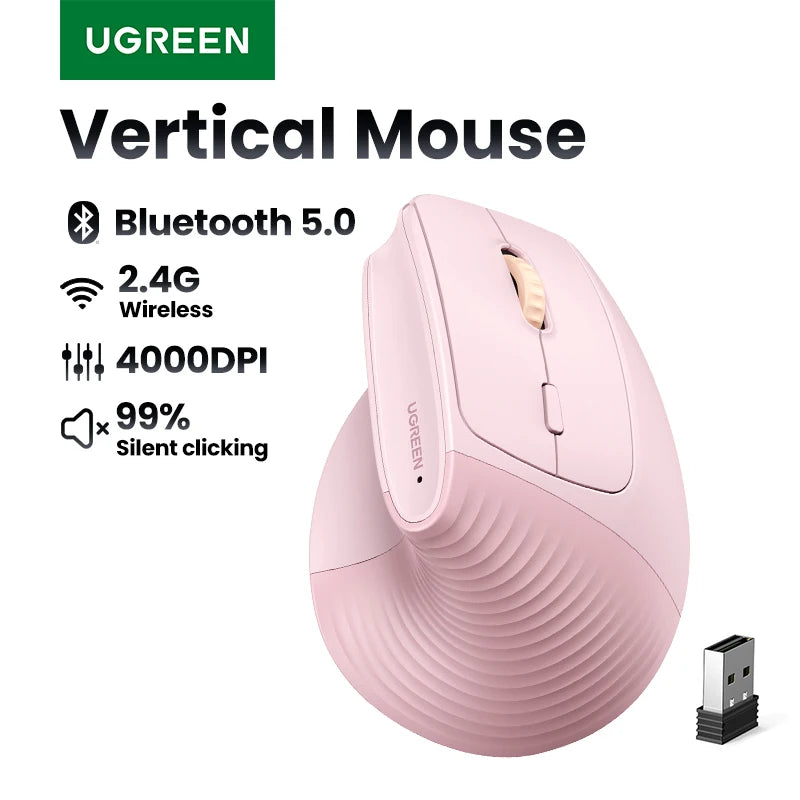 UGREEN Bluetooth 2.4G Vertical Wireless Mouse  Ergonomic 4000DPI 6 Mute Buttons for MacBook Tablet Laptops