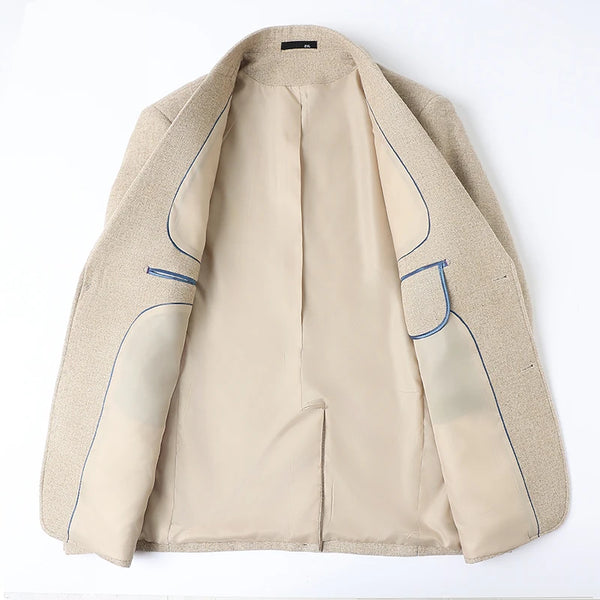 New Spring 2027 Men's Long-Sleeve Blazer—a Slim-fit Jacket in Herringbone Fabric, Available in Gray, Apricot, and Khaki.