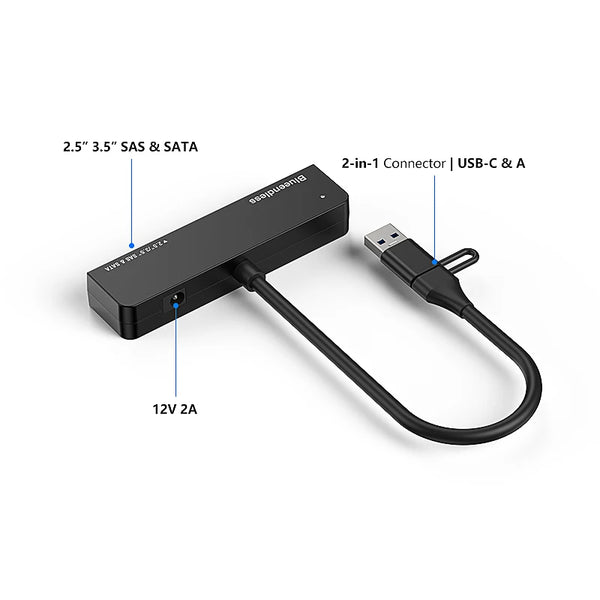 ឧបករណ៍ភ្ជាប់ដ្រាយវ៍រឹង Blueendless USB3.0 ទៅ SAS/SATA 2.5 3.5 HDD Converter 5Gbps Type-A/C 2-in-1 គាំទ្រអតិបរមា 28TB ជាមួយថាមពល 12V/2A