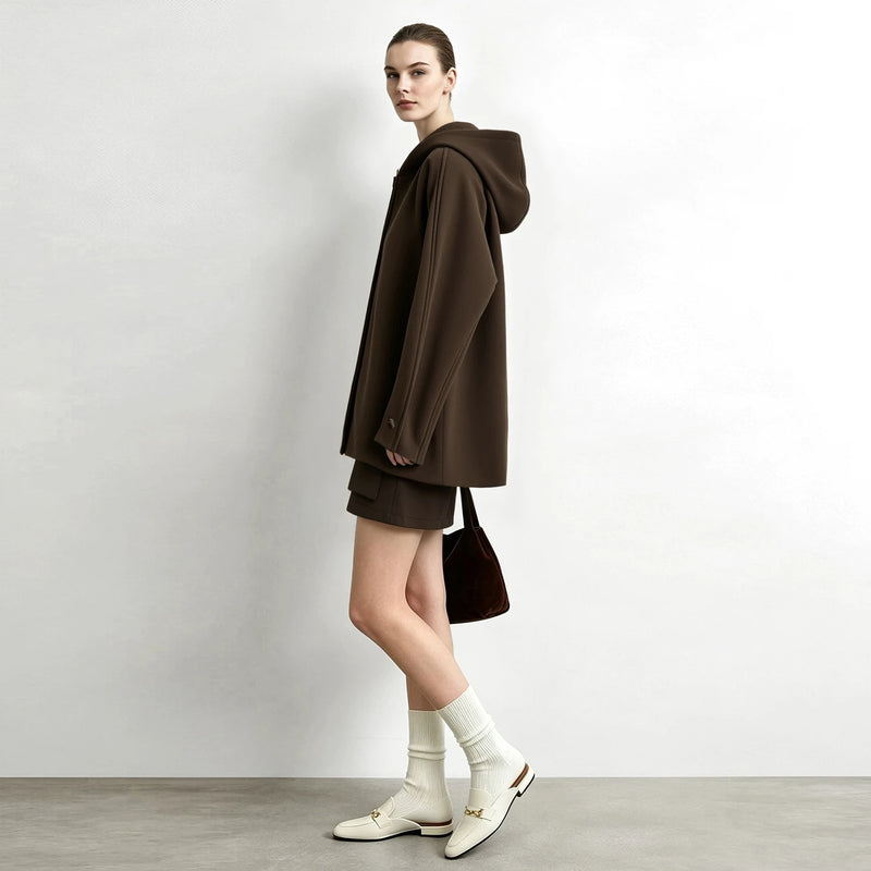 Amii Mid-Length Zip Up Hooded Loose Fit Drop Shoulder Minimalist Casual Commuter Winter 2026 Women's Knit Jacket 12654002