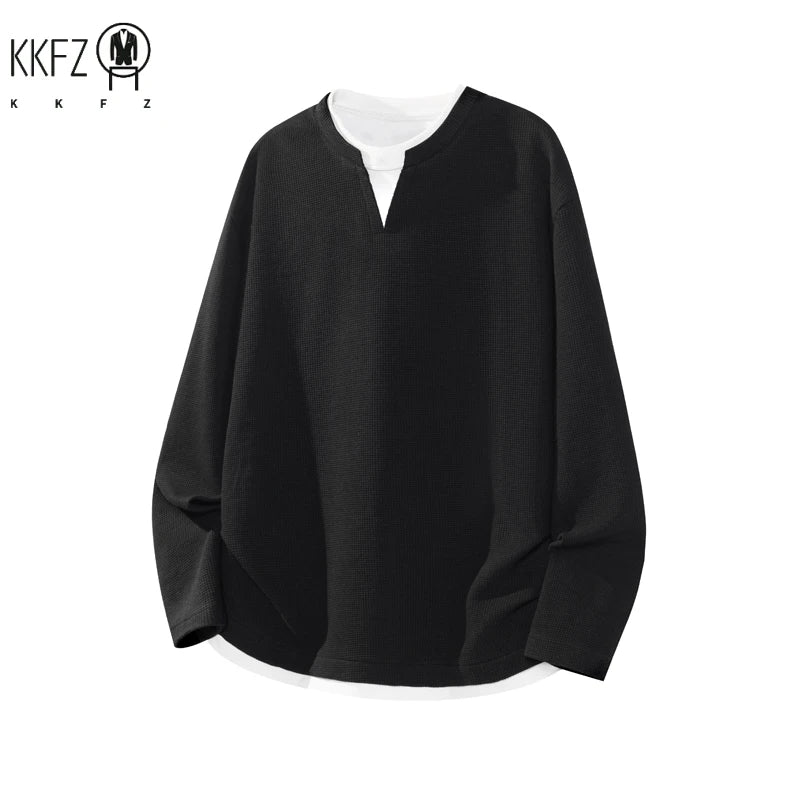 Men's Waffle Knit Fake Two���Piece Long Sleeve T���Shirt Notch V���Neck Drop���Shoulder Loose Fit Casual Layered Look Tops