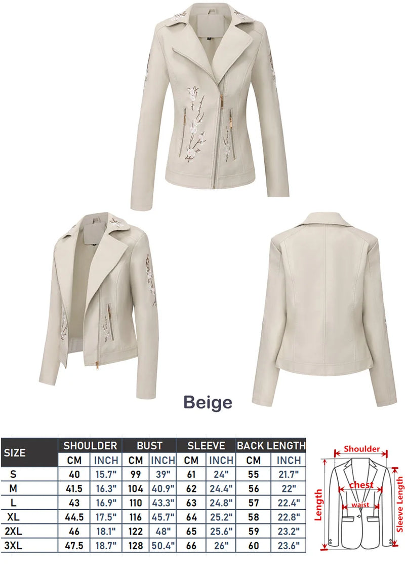 New Fall Women's Black Faux Leather Jacket; White Floral Embroidered PU Coat; Dark Brown Motorcycle-style Top.