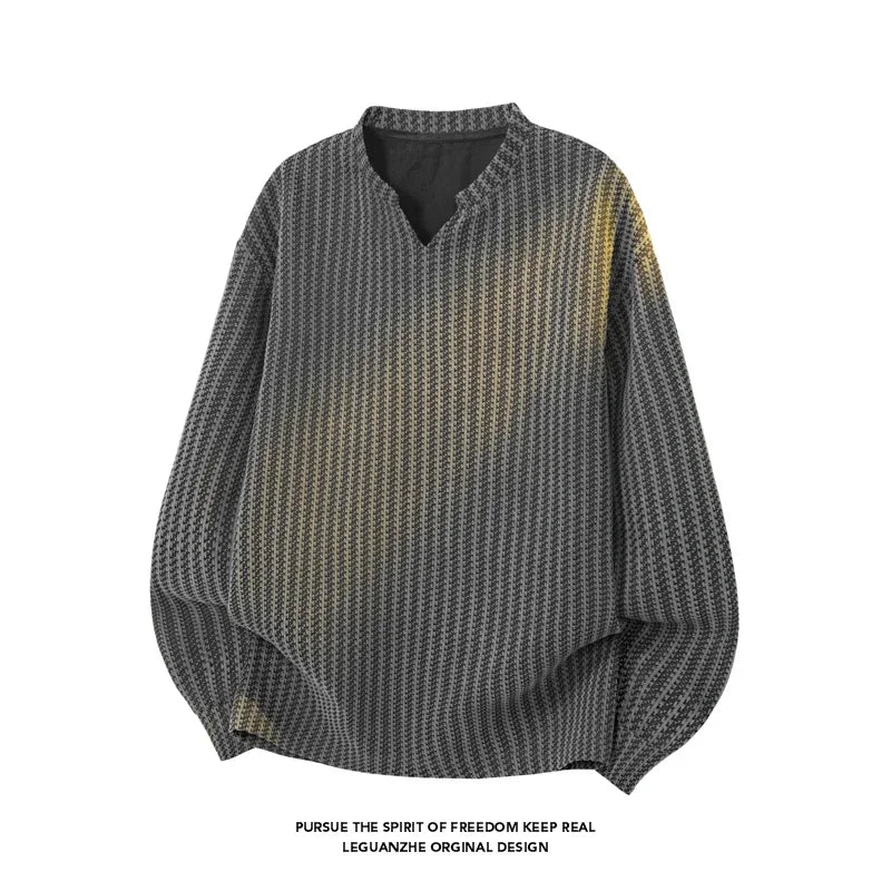 Male Relaxed Oversized V Notch Long Sleeve Top Houndstooth Knit Pattern Lightweight Fabric For Holiday Daily Styling