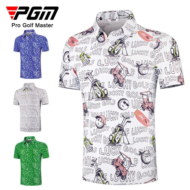 PGM Men Golf Trainning T Shirts with Digital Printing, Summer Quick Drying Short Sleeved Polo Shirt Top YF805