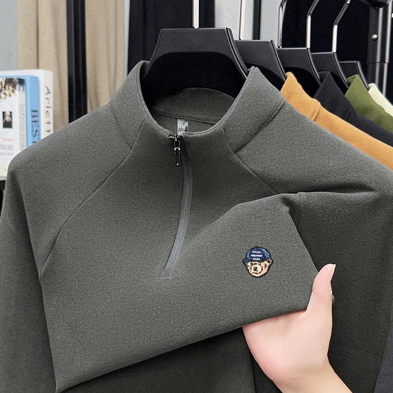 High-End Man Long-Sleeved T-Shirt Mock Neck Half-Zip Double-Faced Velvet Fleece Exquisite Embroidery Autumn Winter Leisure Tops