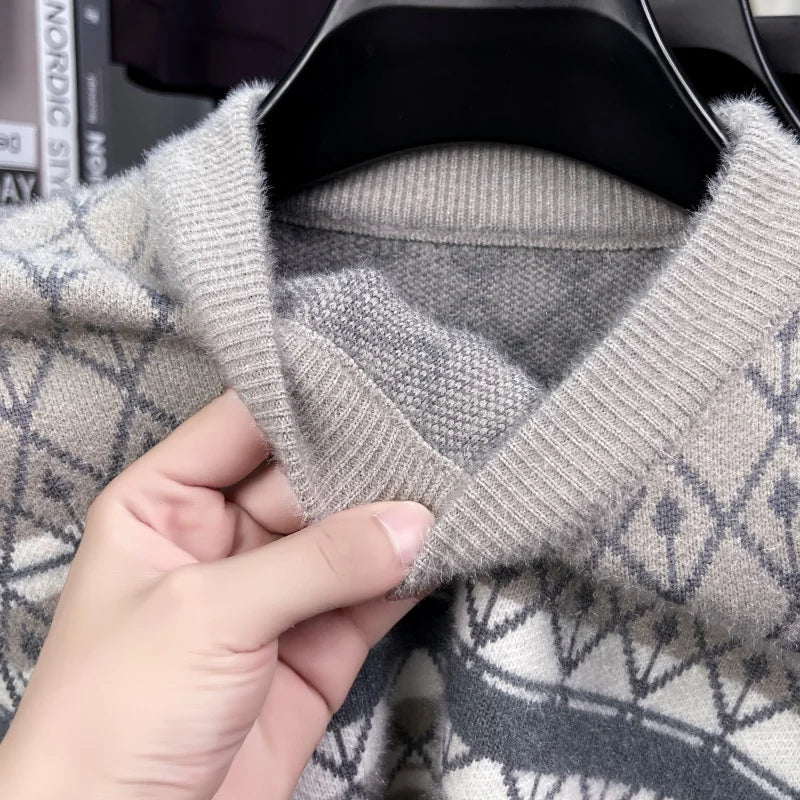 High Quality Man Long Sleeved Knitted Sweater Crew Neck Stripes Color Blocking Geometric Pattern Autumn Winter Leisure Pullover