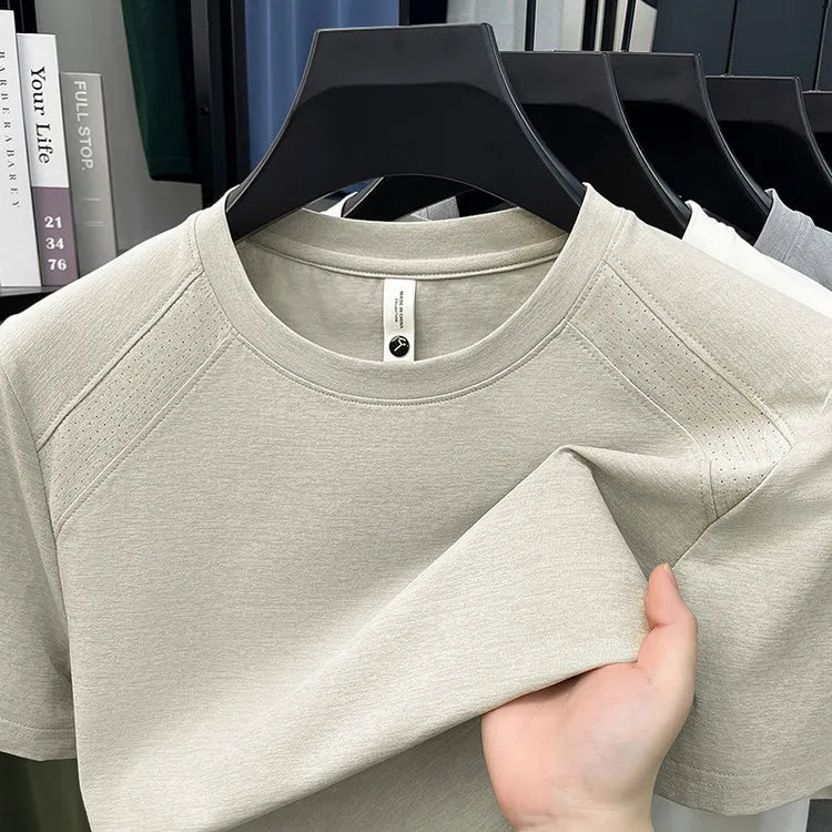 Quick-Dry T-Shirt with Laser Perforated & Mesh Panel Design, Crew Neck Short Sleeve, Breathable Antibacterial Cooling Casual