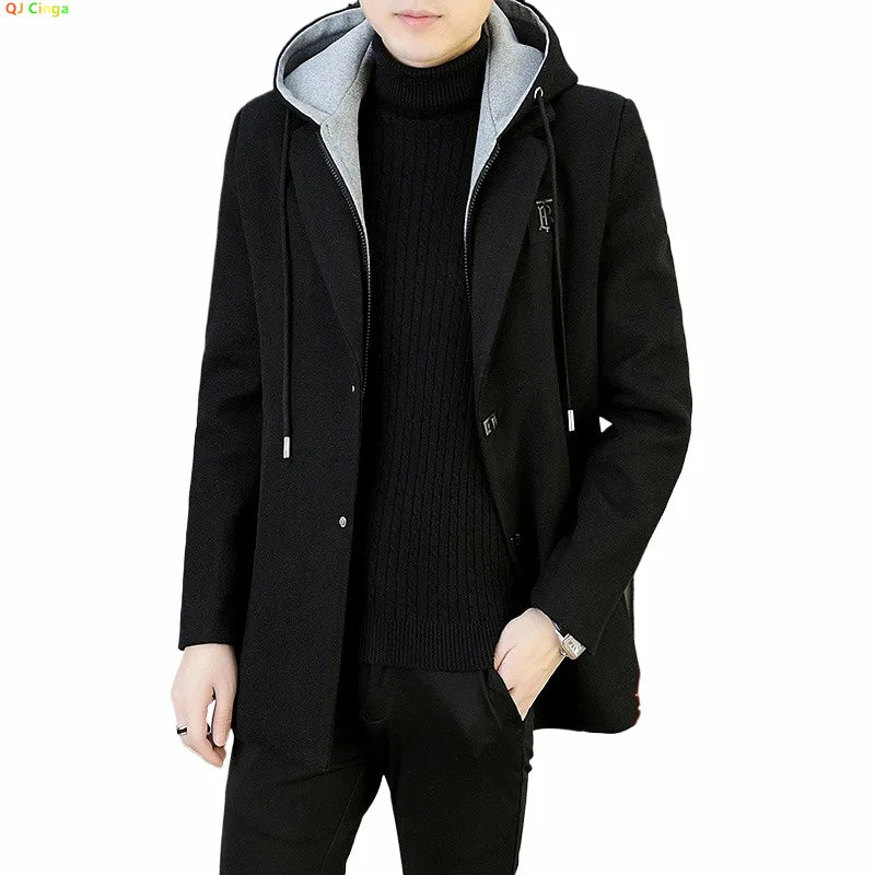 2026 Winter New Men's Black Long-Sleeve Hooded Trench Coat, Dark Gray Single-Breasted Long Jacket, Stylish and Warm Overcoat.