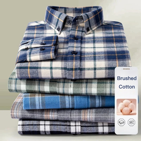 Men's 100% Cotton Brushed Plaid Long Sleeve Shirt – Soft Flannel Casual Button-Down for Outdoor & Daily Wear