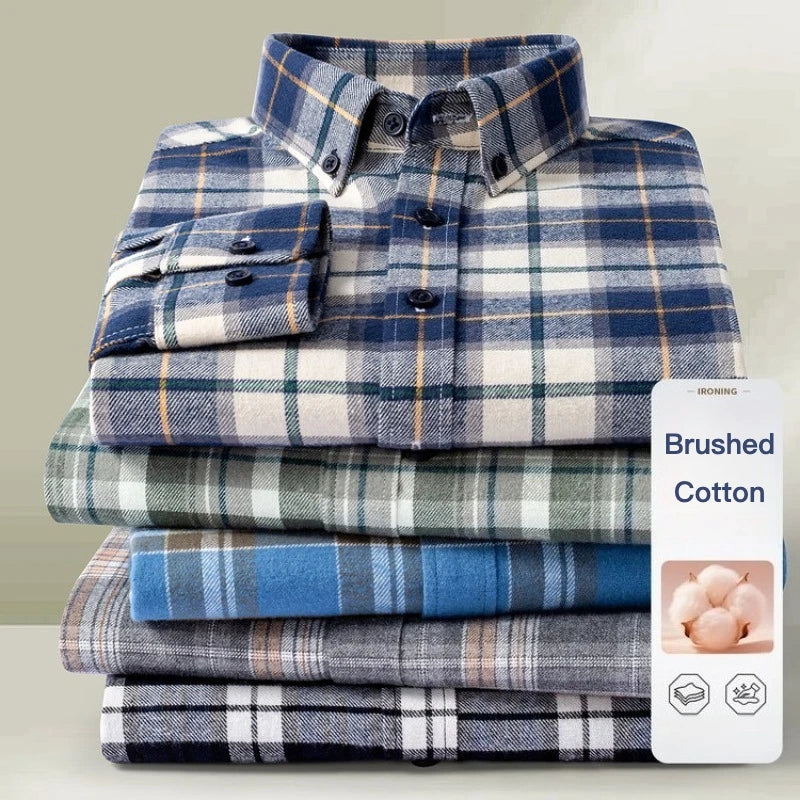 Men's 100% Cotton Brushed Plaid Long Sleeve Shirt – Soft Flannel Casual Button-Down for Outdoor & Daily Wear