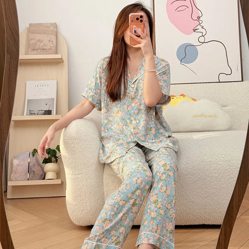Floral Short Sleeve Sleepwear Female Nightwear Pyjamas Women Summer Pajamas Lapel Top Trousers Home Suit Loungewear Set Pijama