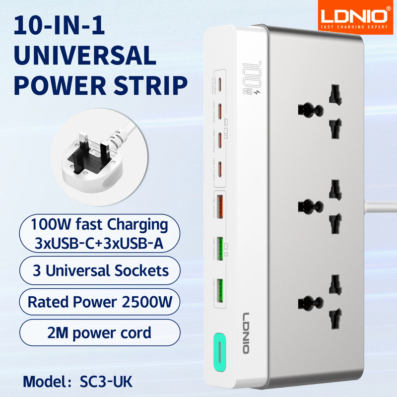 រន្ធដោតភ្លើងបន្ថែម LDNIO 13-in-1 2500W ស្ថានីយសាកថ្ម 65W បន្ទះសាកថ្ម USB រន្ធដោត AC ចំនួន 8 រន្ធដោត USB C ចំនួន 5 ខ្សែបន្ថែម USB-A ថ្មី