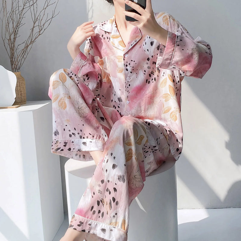 Viscose Loungewear 2 Piece Long Sleeve Top Pants Sleepwear Retro Floral Pajama Set For Women Autumn Soft Women's Home Nightwear
