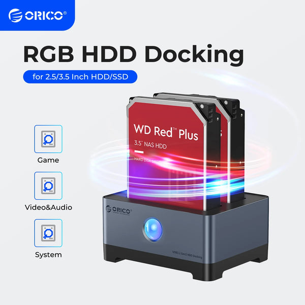 ORICO RGB Hard Drive Station Type-C Aluminum 2.5/3.5 Inch HDD Case RGB Cyberpunk Design 10Gbps Fast Speed Hard Disk Bay for PC