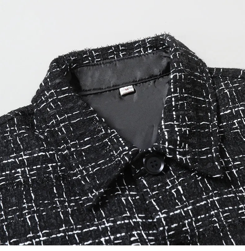 Men's Black Striped Long-sleeve Jacket for Spring and Fall; White Checkered Single-breasted Lapel Coat; Unisex Loose-fit Top.