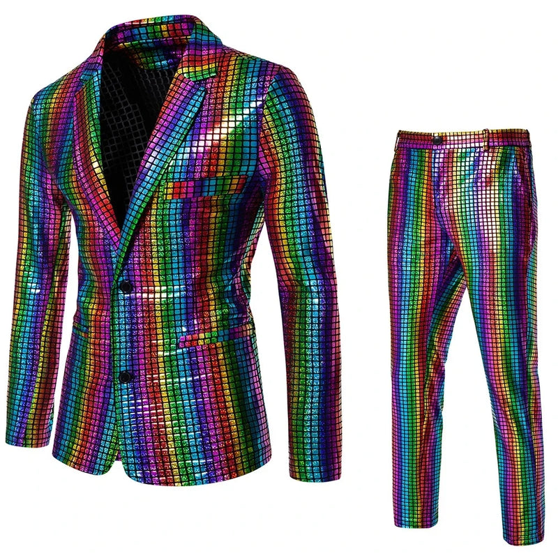 2026 Rainbow Color Men's Striped Suit Two-Piece, Fashion Suit Jacket and Pants, Green Silver Sets (Light Thin Stretch Fabrics)