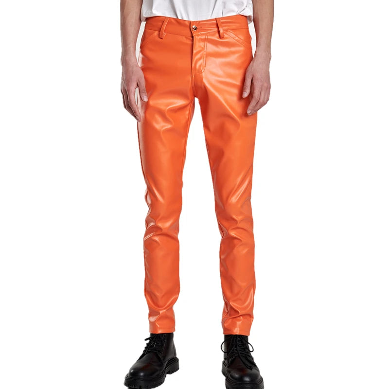 2026 Bright Green Men's Biker Leather Pants, Fashion Slim Stretch PU Pants Red Blue Black Gray Men Pant Plus Size 28-36 38 40
