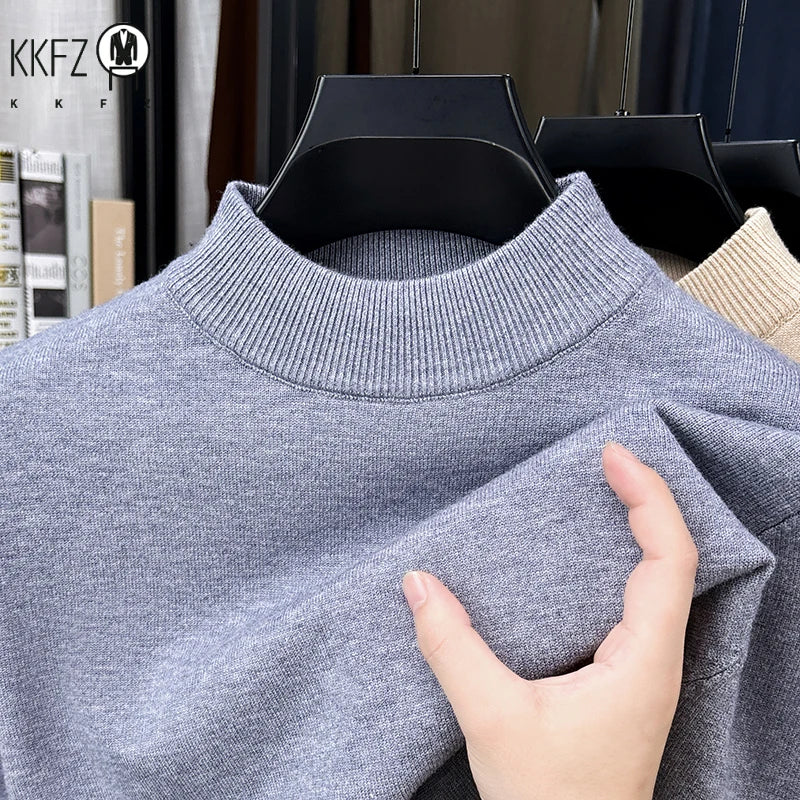 Daily Basic Knit Sweater Men Long Sleeve Mock Neck Rib Collar Autumn Walking Business Casual Pullover