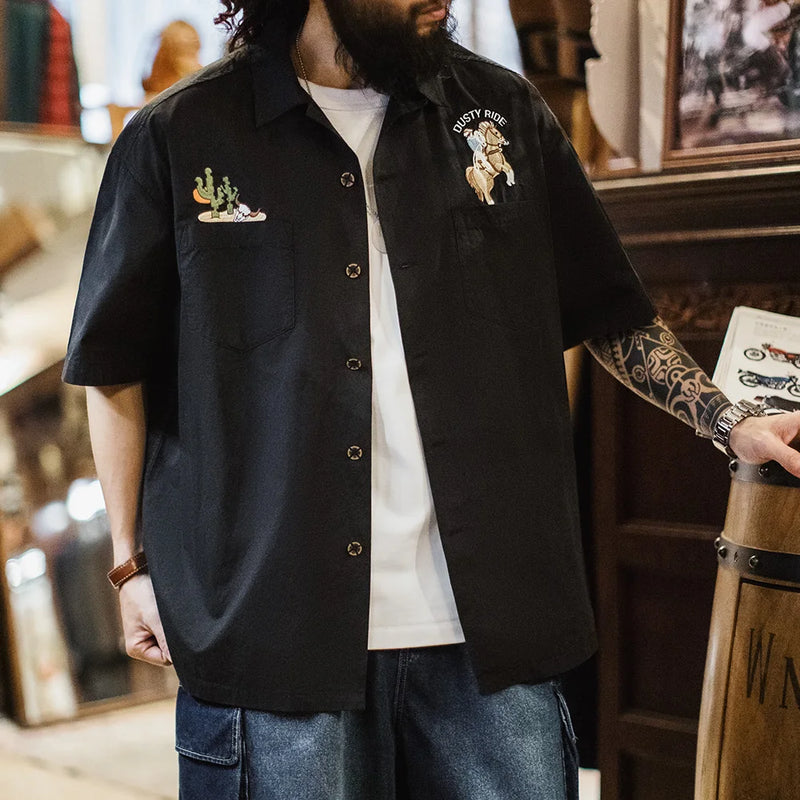 Maden Men Retro Cuban Collar Shirt Black Cotton Short Sleeve Embroidery Blouse Single-Breasted Hawaiian Aloha Shirt for Summe