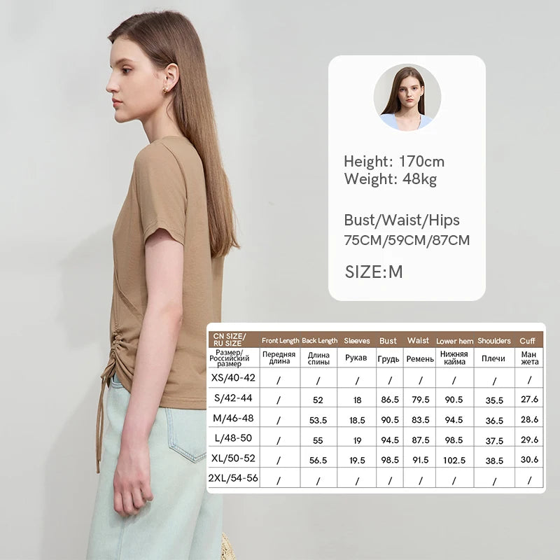 Amii Minimalism Casual T-shirt 2026 Summer New Women Solid Color V-neck Office Lady T-shirt Cotton Pleated Comfort Tops 12522137