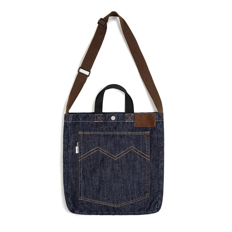 កាបូប Maden Unisex Retro ទំហំ 14oz Denim កាបូបស្ពាយស្មាតែមួយ កាបូបស្ពាយដៃប៉ាក់ កាបូបស្ពាយដៃច្រើនមុខងារ កាបូបស្ពាយទំហំធំ