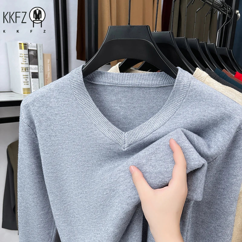 Classic V Neck Knitted Top Men Long Sleeve Smooth Knit Rib Trim Suitable For Layering Everyday Casual Look