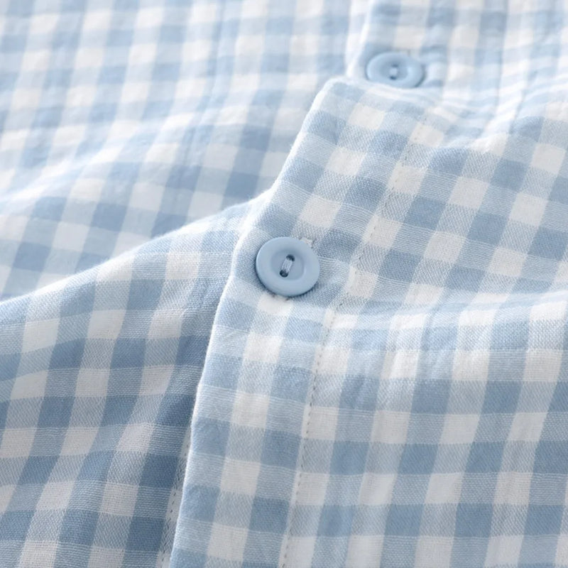 Thin Men Summer Pajama Short Sleeve Sleepwear Lounge Set New Plaid Pijamas for Men's Loungewear Button-Down Top Home Clothing