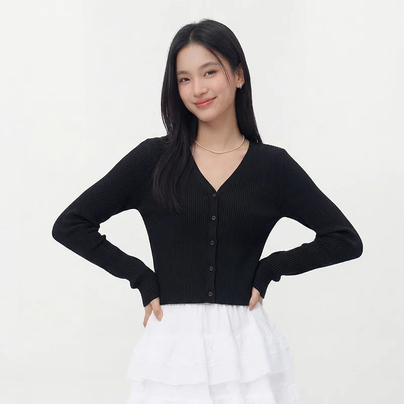 Semir Women Cardigan Short Slim Solid Lace V Neck Regular Shoulder Simple Layered Top 2026 Soft Breathable Fashion Wear