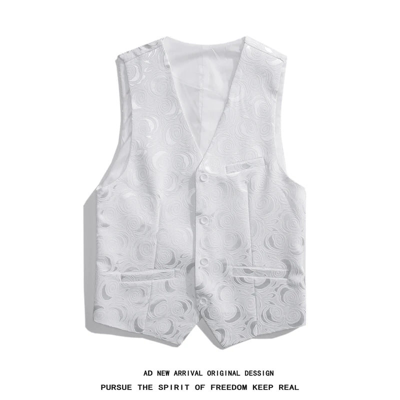 Men's Roses Embroidered V-neck Sleeveless Vest Jacket,White,Black Single-breasted Button Suit Vests, Asian Size Male Waistcoat