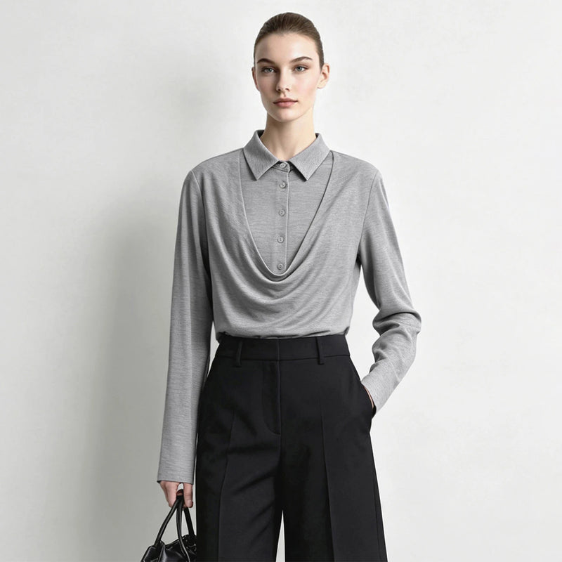 Amii Women's Faux Layered Long Sleeve T-Shirt Stretch Lapel Collar Slim Fit Casual Business Top for Women  Autumn 12613016