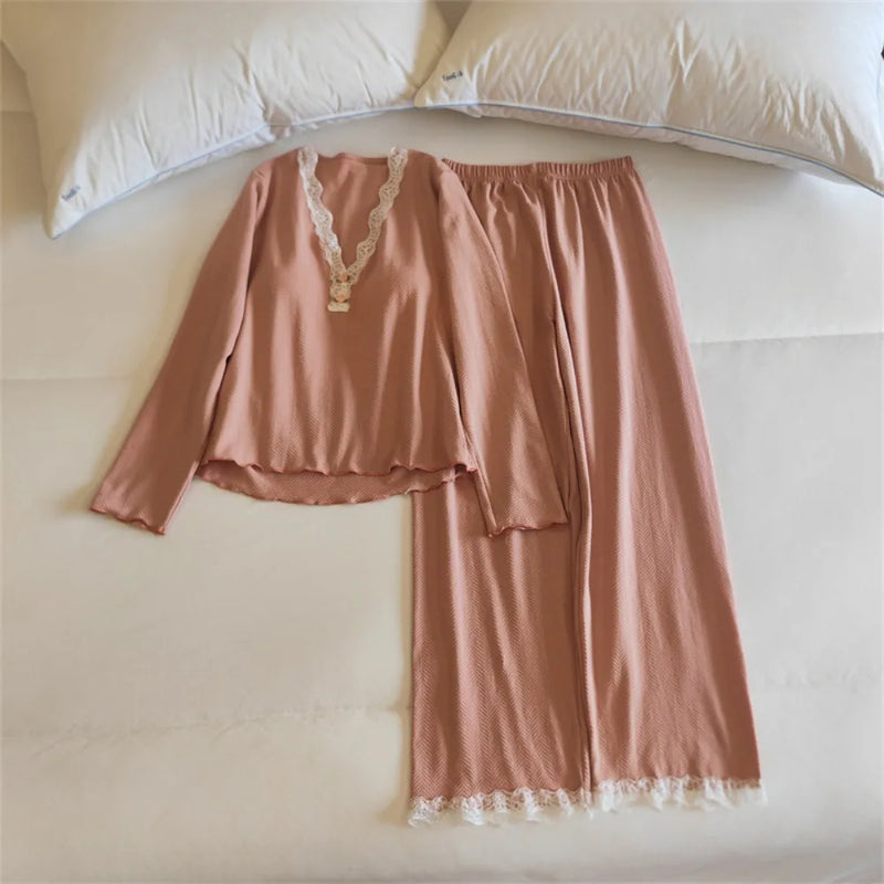 2 Pieces V-neck Women’s Loungewear Chest Pads Sleepwear Women Nightwear Autumn New Long Sleeve Pajamas Set Elegant Loungewear