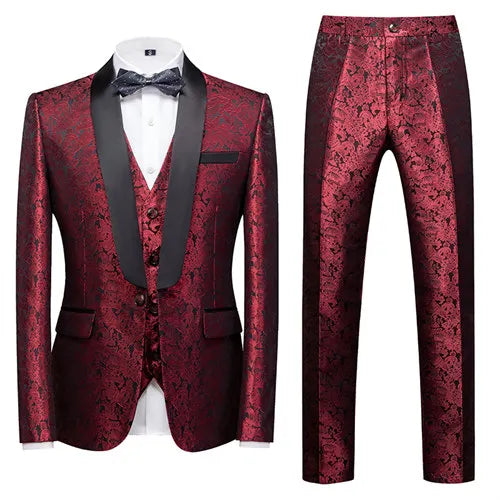 Men's Blue Jacquard Fabric Suit 3-Piece, Fashion Slim-Fit Blazer Jacket Trousers Vest, Spring  Autumn New Men Sets, Asian Size
