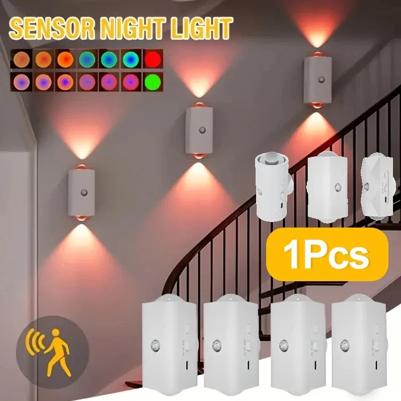 ភ្លើង LED ពេលយប់ RGB ឧបករណ៍ចាប់សញ្ញាចលនា ភ្លើងជញ្ជាំង USB អាចសាកបាន ភ្លើងឡើងលើ និងចុះក្រោម សម្រាប់ជណ្ដើរ រានហាល ការតុបតែងផ្ទះ Ambient