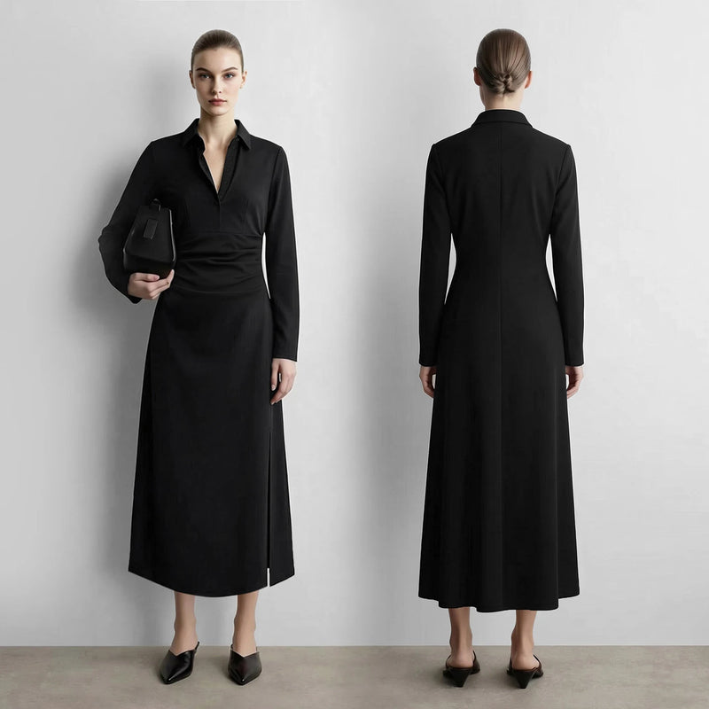 Amii Dress for Women Autumn Notched Collar Button Placket Slim Waist Asymmetrical Knitted Midi Dresses Woman Clothing 12623076