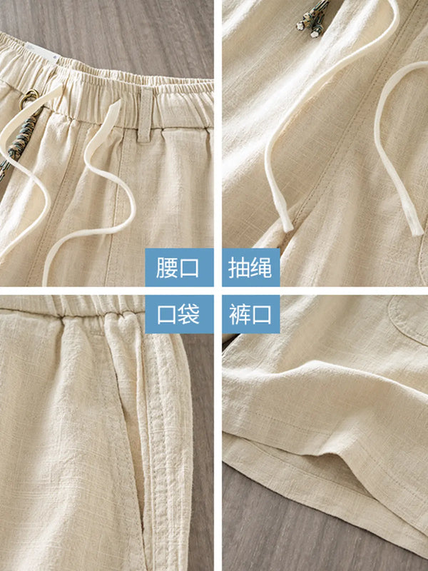DUKEEN Men's Linen Blend Cargo Shorts Summer Breathable Drawstring Casual Beach Shorts Loose Fit Knee Length Straight Leg Shorts