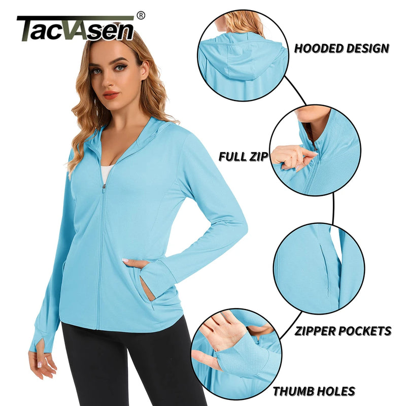 TACVASEN Summer Sun Protection Hoodies Womens Long Sleeve Casual Shirts UPF 50+ Sun Block Full Zip T-shirts With Zipper Pockets