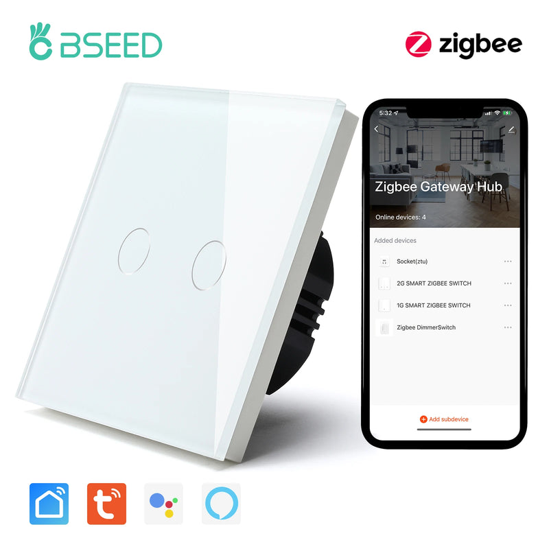 BSEED Tuya Zigbee Smart Switch 1/2/3Gang 1/2/3Way No Neutral Wall Touch Switch Smart Home Control EU Power Socket Without Wifi