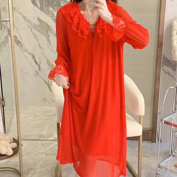 Court Princess Nightgowns Modal Spring Autumn Medium Long Pajamas Dress Lace Mesh Loungewear Nightdress Women Sleepwear