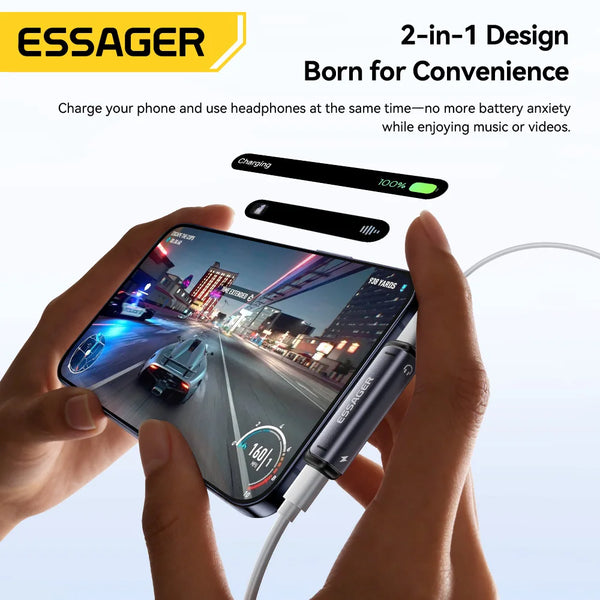 ឧបករណ៍សាកថ្ម និងអូឌីយ៉ូ Essager 2-in-1 USB Type C ទៅ 3.5mm ឧបករណ៍បម្លែងអូឌីយ៉ូ Aux សម្រាប់កាសស្តាប់ត្រចៀក 60W សម្រាប់ MacBook iPhone Xiaomi