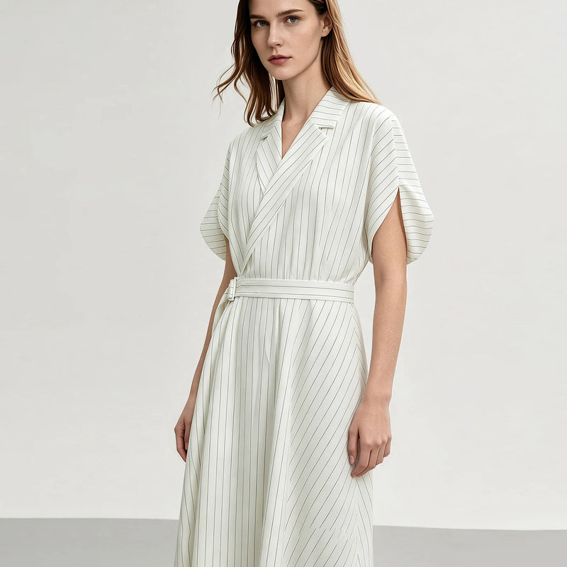 Amii Striped Women's Dress 2026 Summer New Lapel Dolman Short Sleeve Waist Belt Office Casual Long Dress For Women 12652056