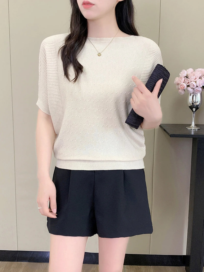 Bat-sleeved Knitted Sweater Women's One-word Collar Top Thin Spring Summer Pullover Shirt Ladies Jumper Pull Femme Knitwear