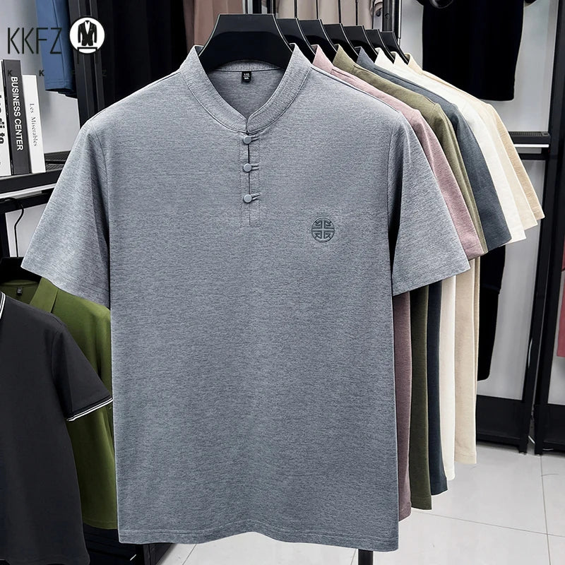Mens Casual Short Sleeve Henley Shirt Mandarin Collar Frog Button Chinese Style Embroidered Summer Top