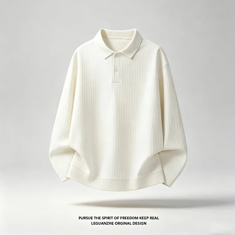 Mens Autumn Casual Polo Pullover Lapel Collar Long Sleeve Button Front Loose Silhouette Ribbed Knit Material Daily Outfit
