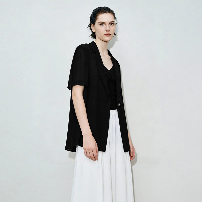 Amii Women's Blazer 2026 Summer New Notched Lapel Chiffon Splicing Short Sleeve Jacket Women's Single Button Casual Top 12622126