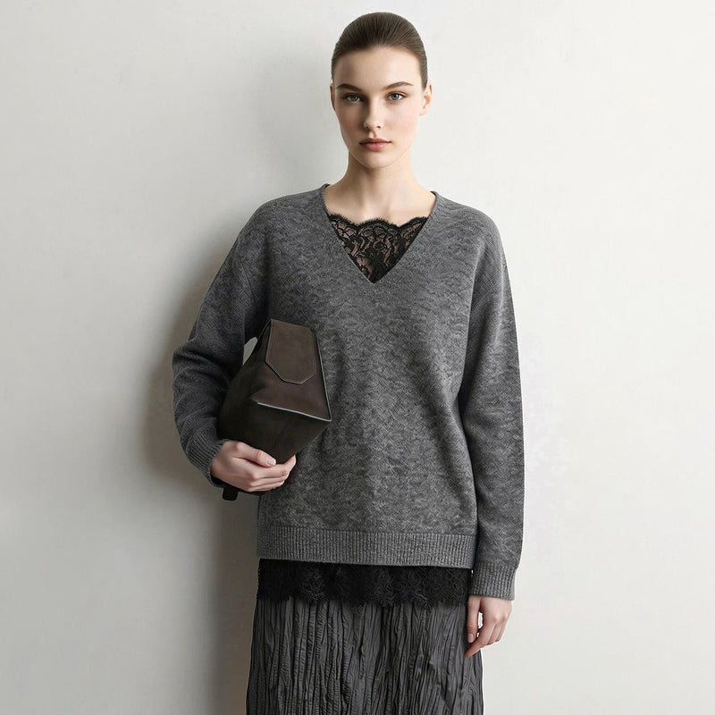 Amii Women's V-Neck Lace Knit Sweater Drop Shoulder Oversized Pullover Minimalist Business Casual Top 2026 Autumn 12623044