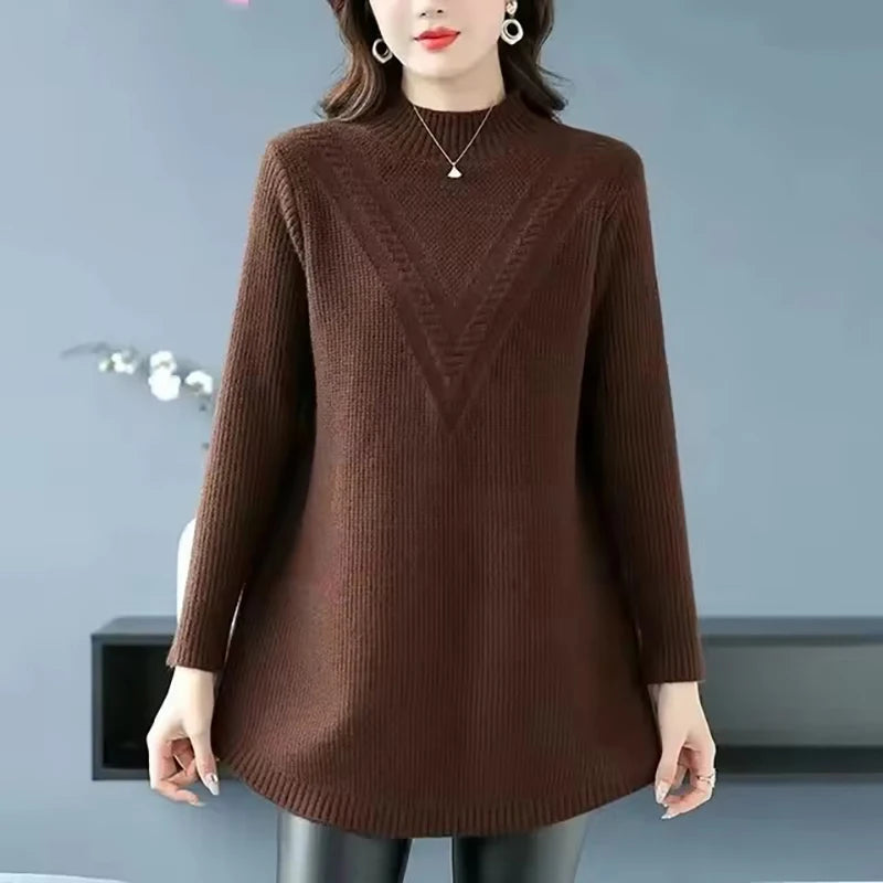 Mother Long Sleeve Casual Long Wool Sweaters New Autumn Winter Large Size Women Pullovers Fashion Half Turtleneck Knitted Dress