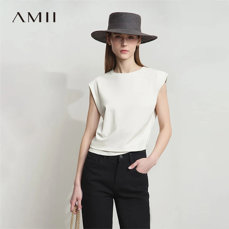 អាវយឺតដៃខ្លី Amii សម្រាប់នារី រដូវក្តៅ ឆ្នាំ២០២៦ កមូល ពណ៌ធម្មជាតិ អាវយឺតកប្បាស សាមញ្ញ ស្ដើង ងាយស្រួលពាក់ 12652035
