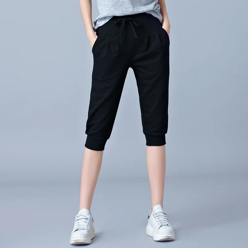 Women Blue High-waisted Stretch Cropped Pants, Summer Gray Lightweight Athletic Harem Pants, Black Drawstring Shorts, Asian Size